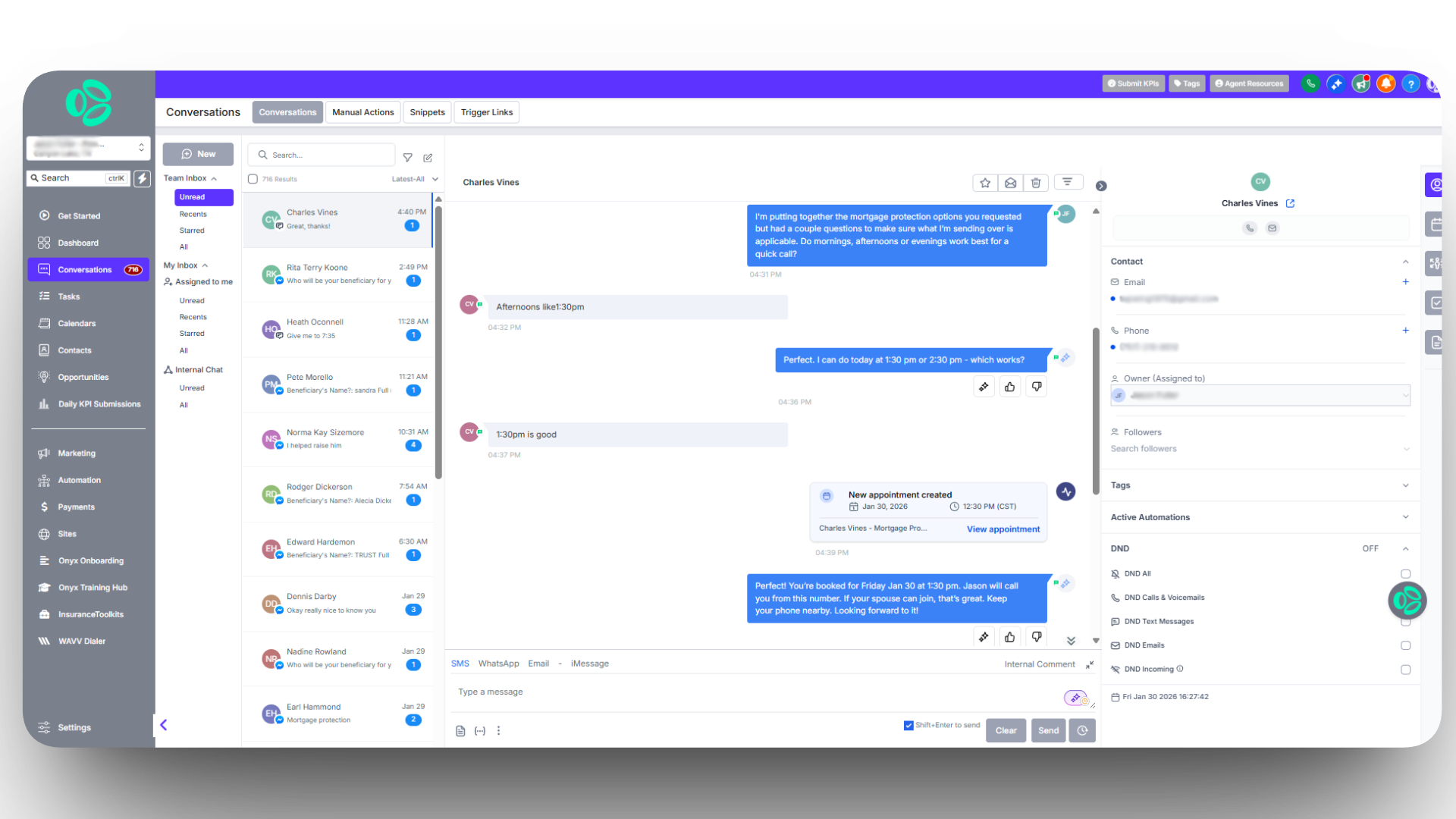 Unified inbox showing AI booking an appointment