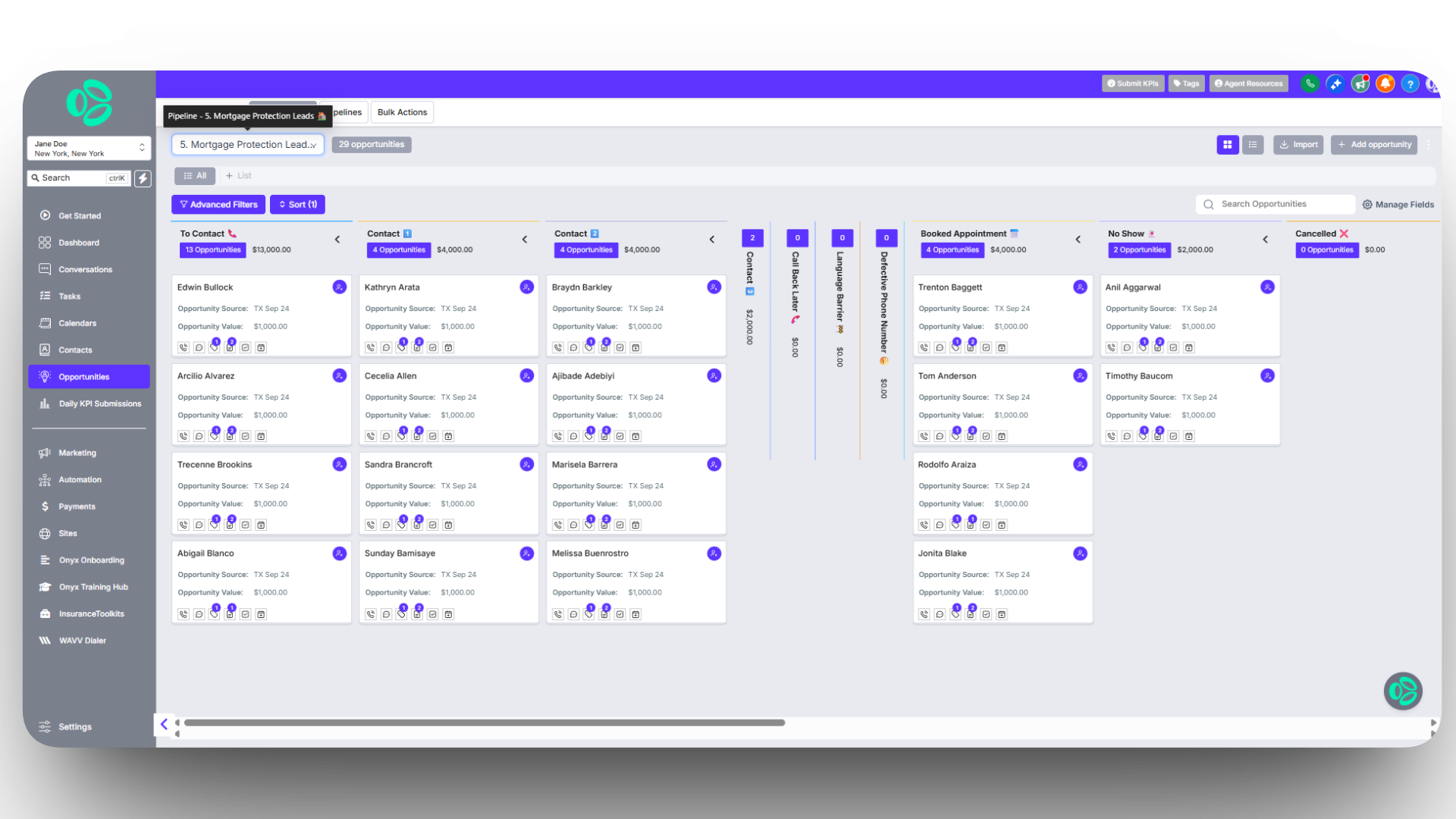 Pipeline view showing leads organized by stage